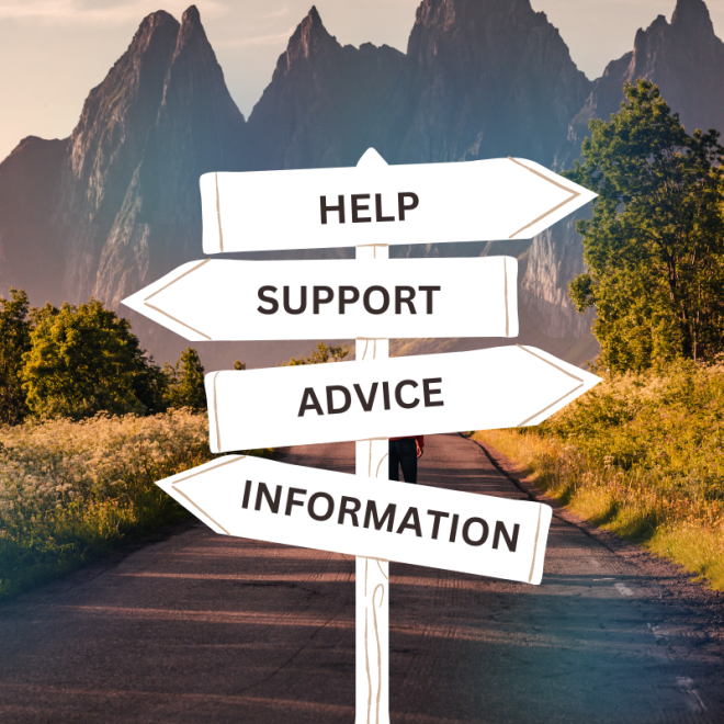 A road and landscape in the background, with a signpost in the foreground pointing to help, support, advice, and information.