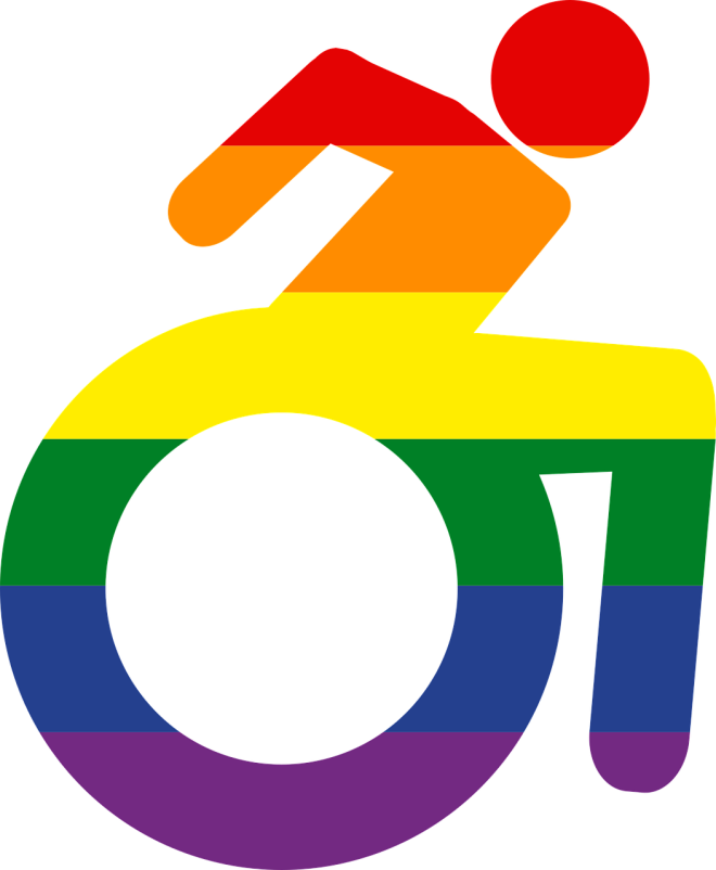 Wheelchair logo in the colours of a rainbow flag.