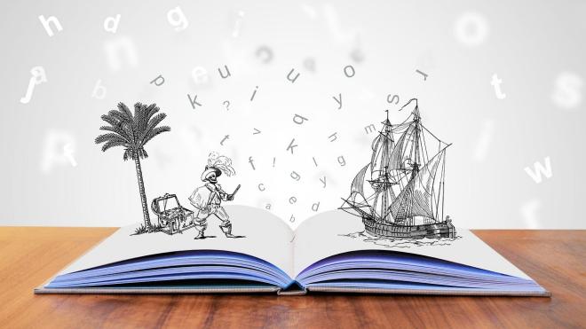 Illustration of an open book with characters emerging.