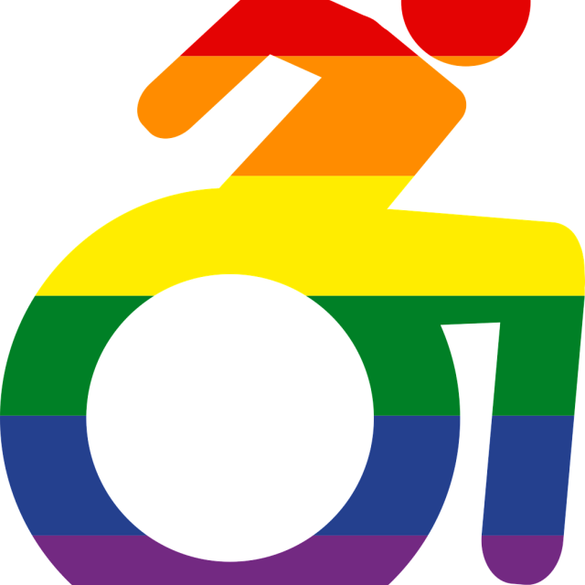 Wheelchair logo in the colours of a rainbow flag.